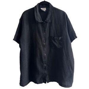 Vintage Hot Cotton 100% Linen Snap Button Down Short Sleeve Shirt Grommet Black